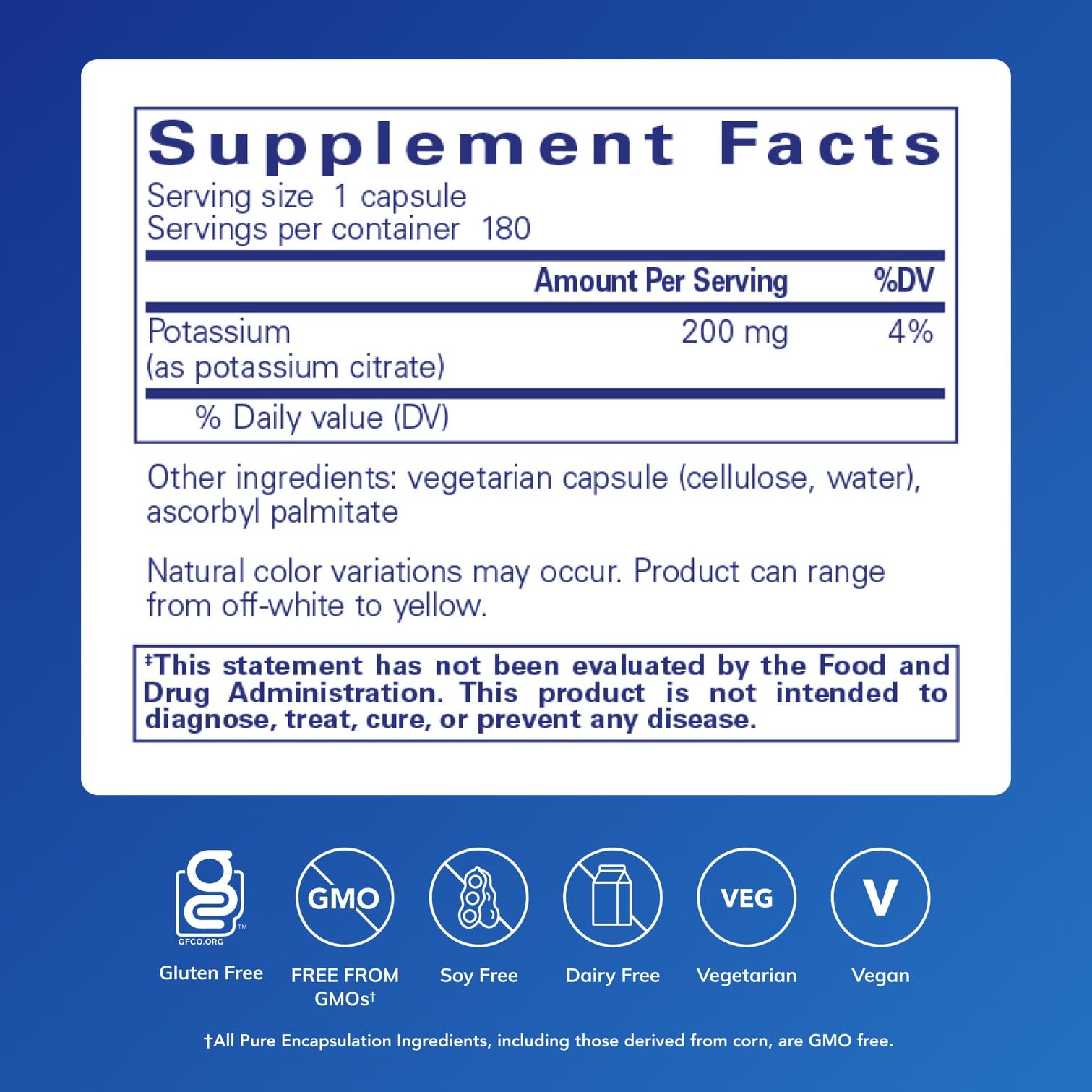 Pure Encapsulations etiqueta con información de ingredientes y pureza visible
