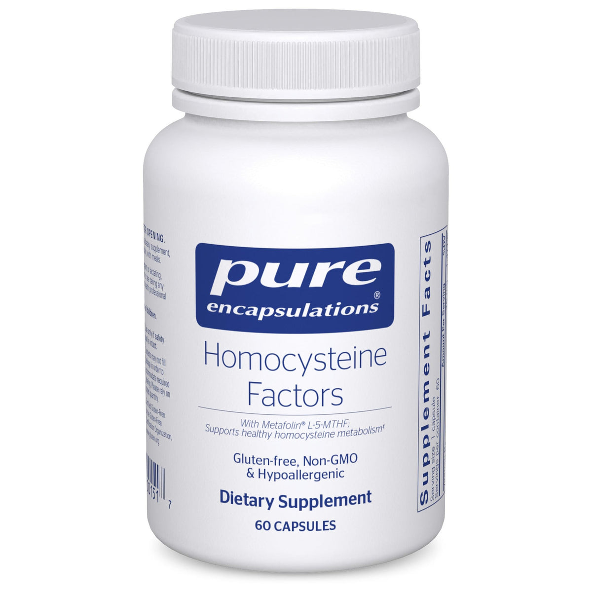 Pure Encapsulations frasco delantero Homocysteine Factors mostrando etiqueta y beneficio de apoyo cardiovascular