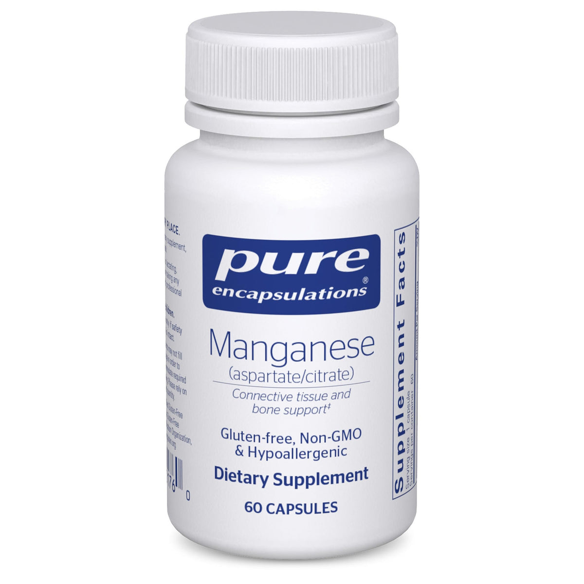 Pure Encapsulations frasco delantero de manganeso mostrando el envase y beneficio de pureza
