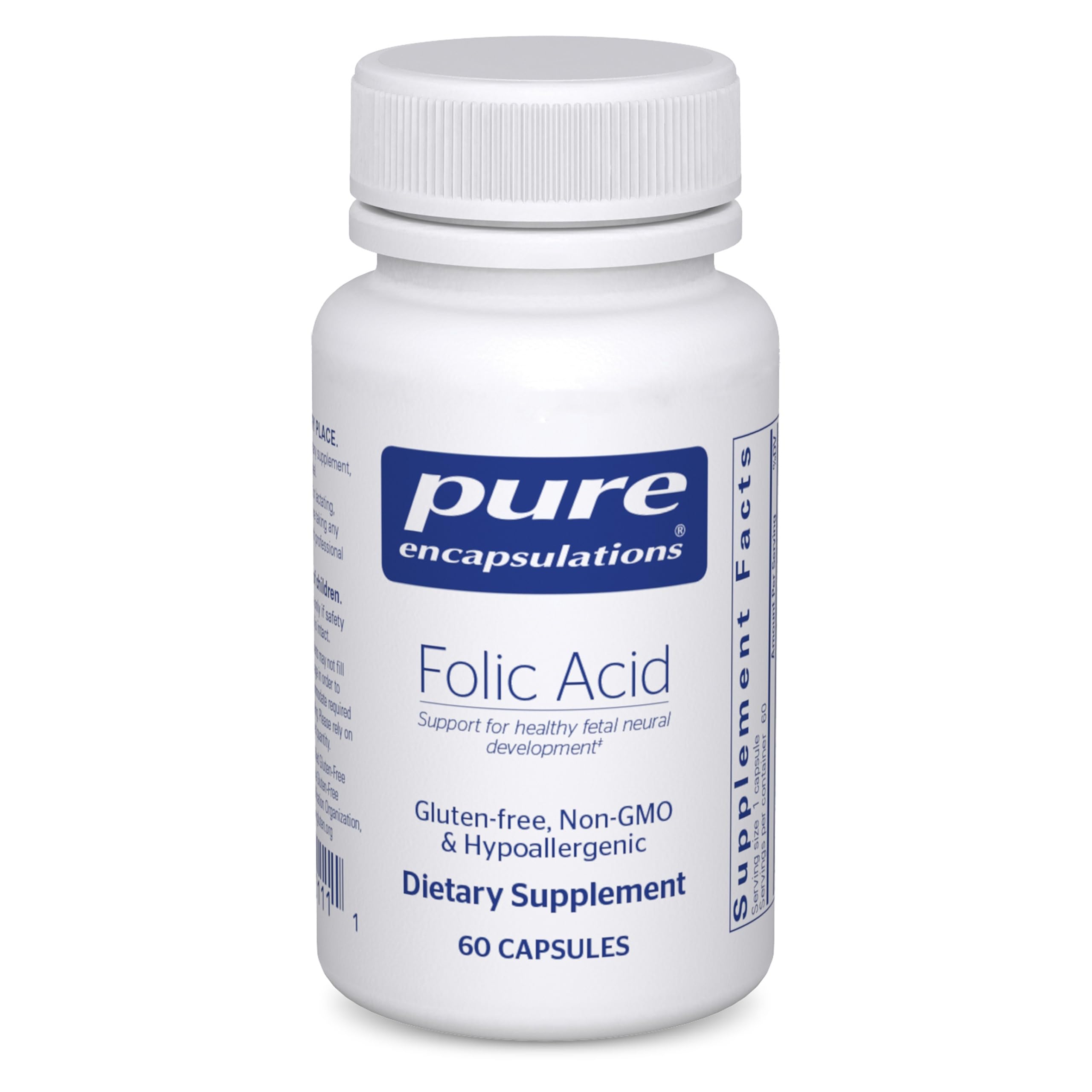 Pure Encapsulations frasco delantero mostrando etiqueta clara y beneficio hipoalergénico