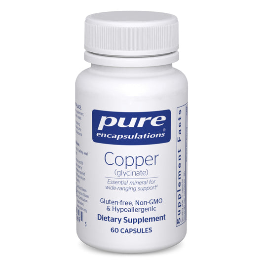 Pure Encapsulations frasco delantero mostrando etiqueta y beneficio de pureza