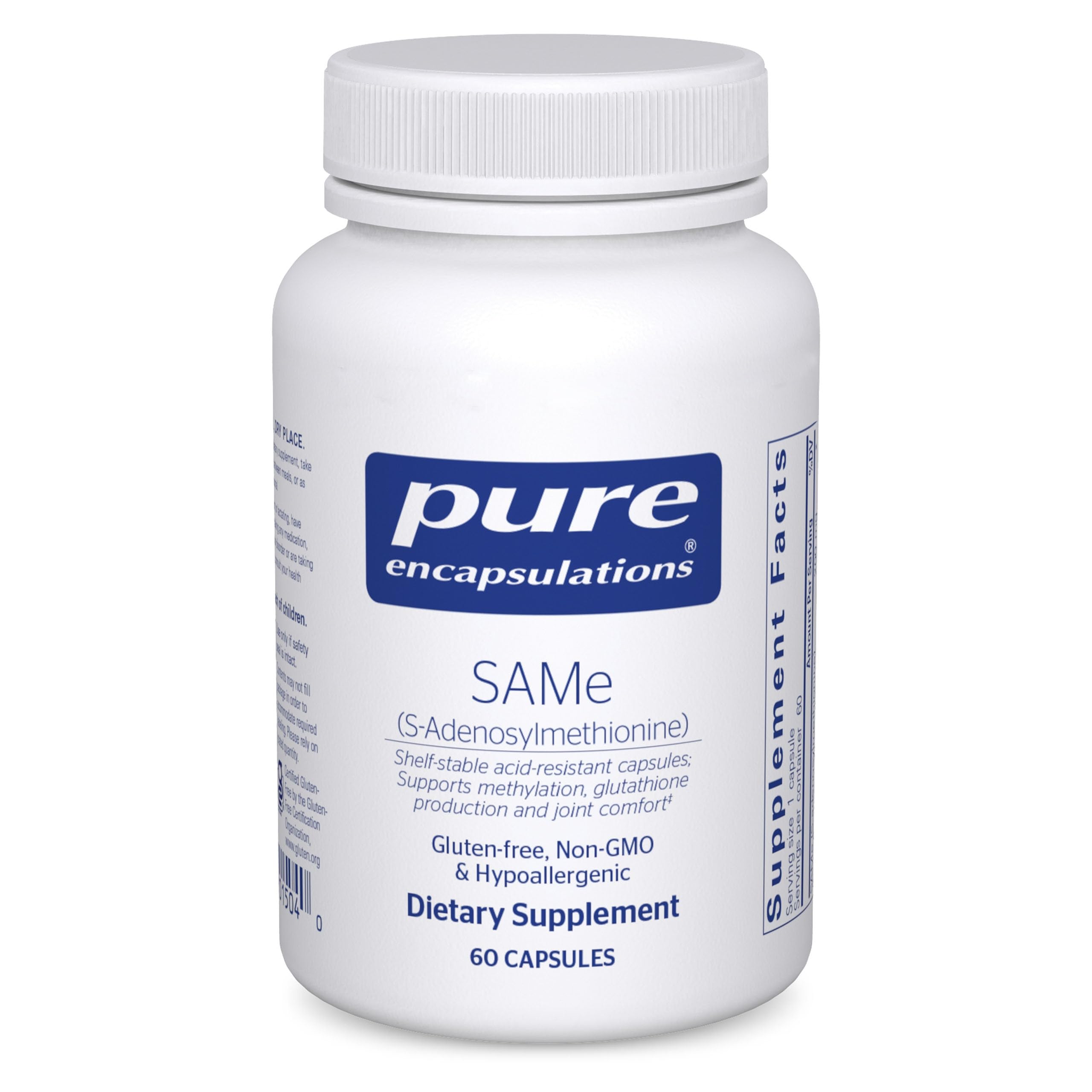Pure Encapsulations frasco frontal mostrando SAMe y limpieza formulación