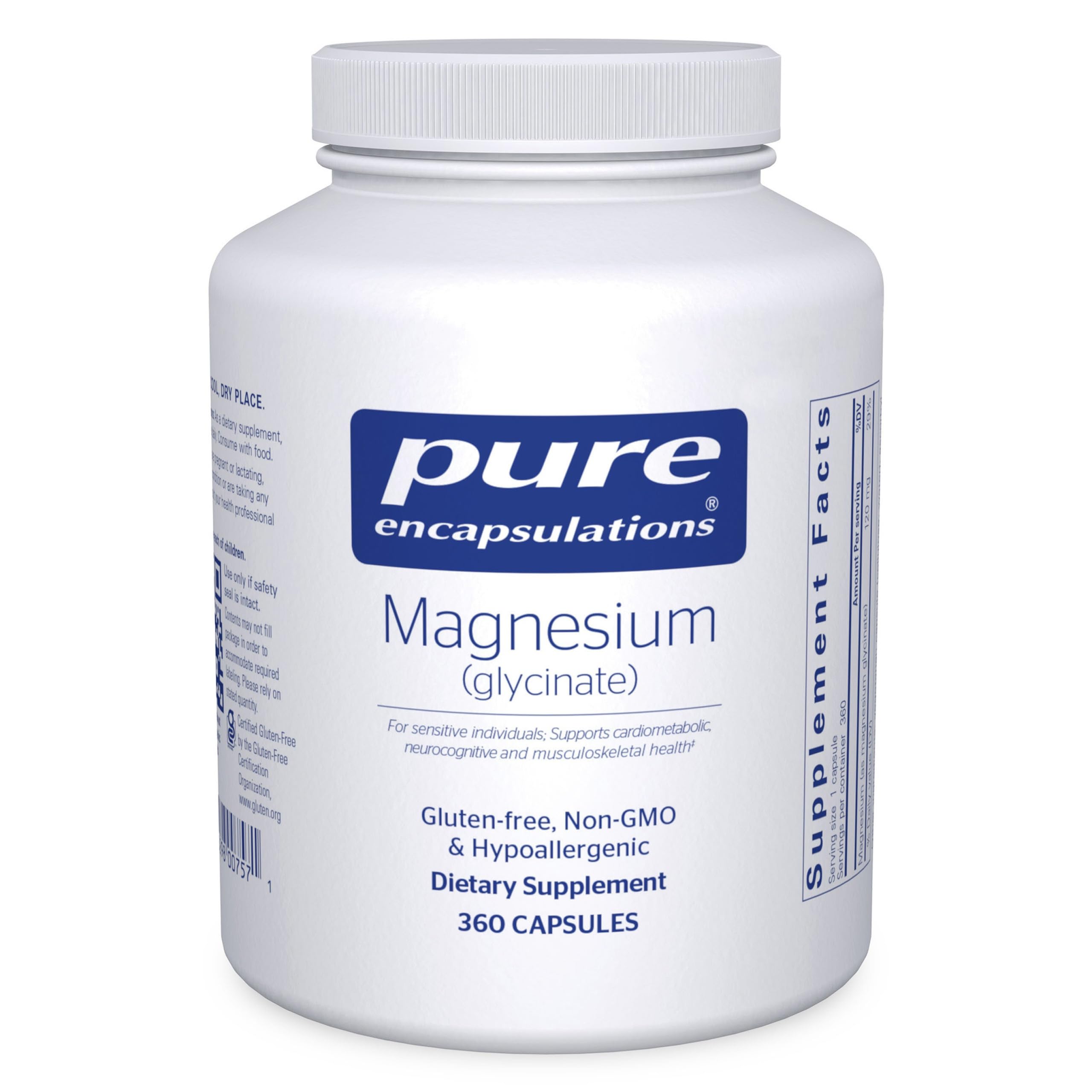 Pure Encapsulations frasco frontal mostrando 360 cápsulas y beneficio de suministro prolongado
