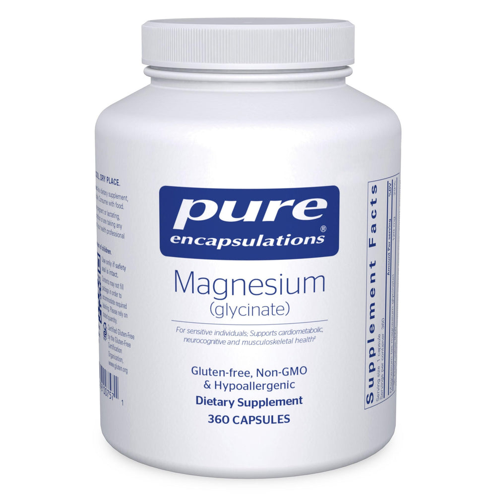 Pure Encapsulations frasco frontal mostrando 360 cápsulas y beneficio de suministro prolongado