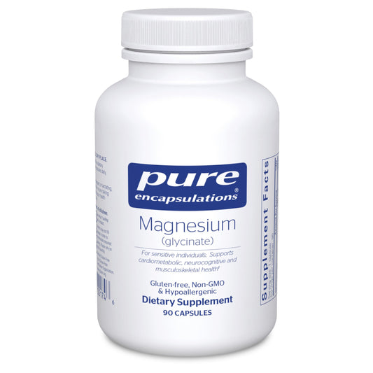 Pure Encapsulations frasco frontal con magnesio glicinato, muestra claridad y pureza