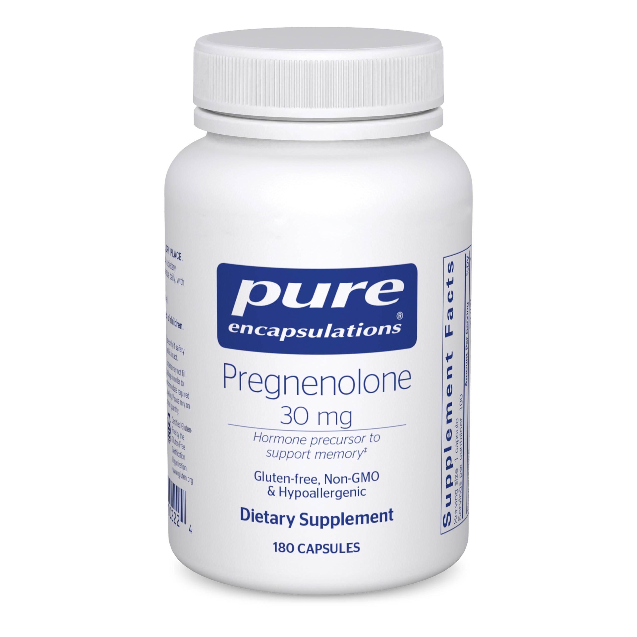Pure Encapsulations frasco frontal mostrando 180 cápsulas y beneficio de pureza
