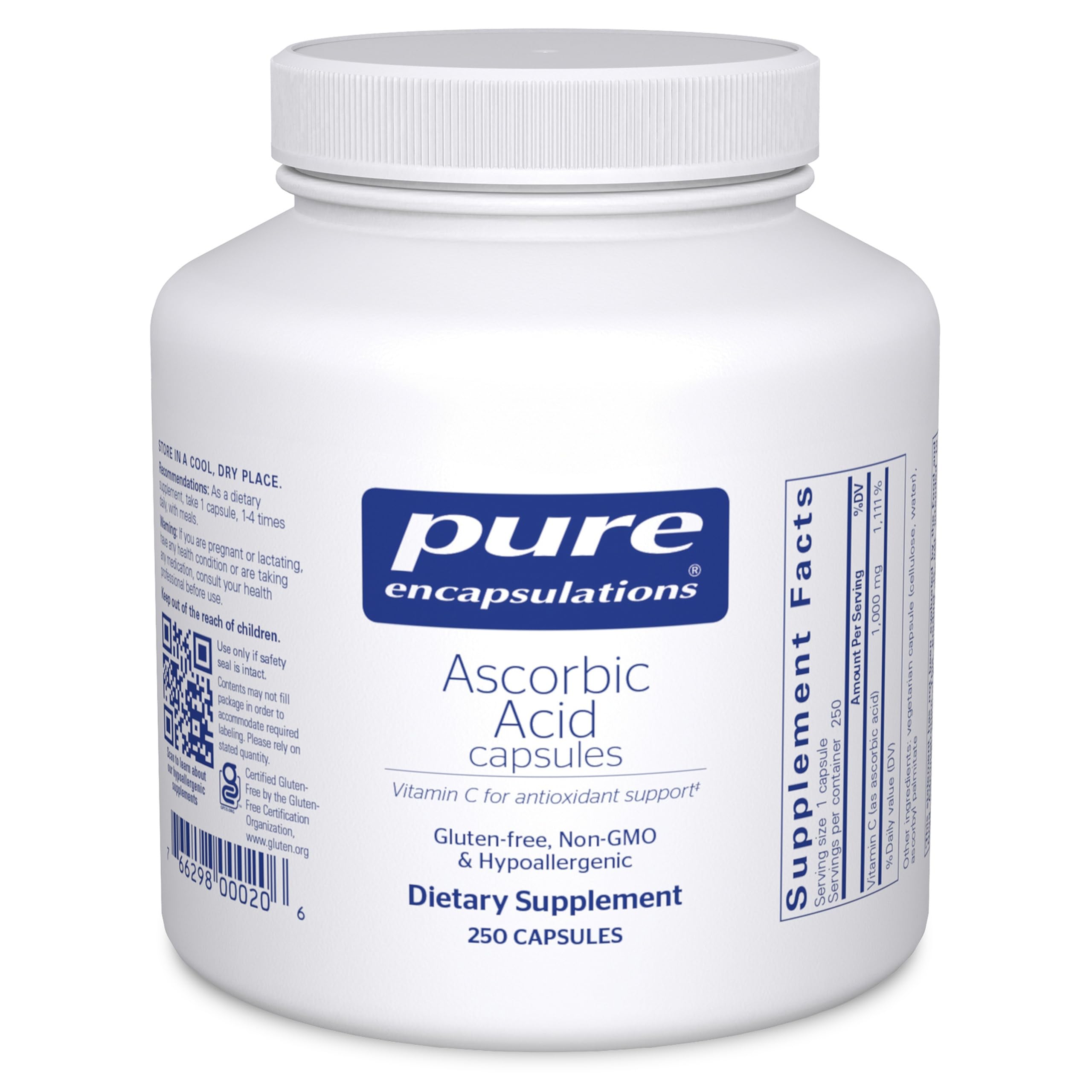 Pure Encapsulations frasco frontal mostrando etiqueta clara y beneficio de pureza