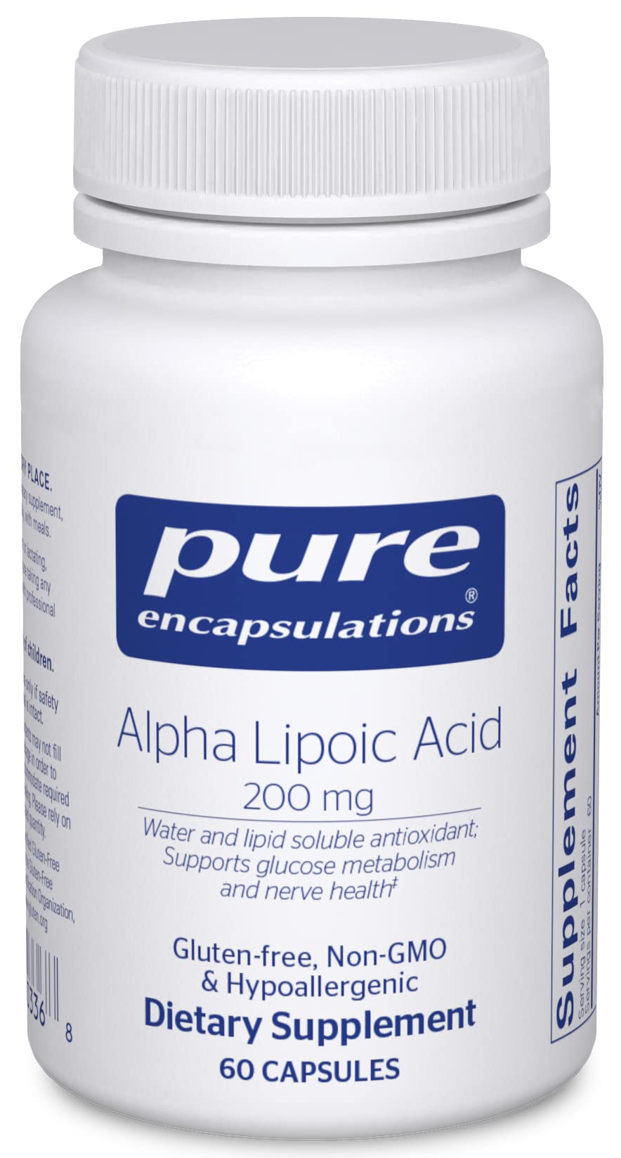 Pure Encapsulations frasco frontal mostrando 60 cápsulas y sello vegano
