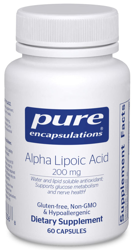 Pure Encapsulations frasco frontal mostrando 60 cápsulas y sello vegano