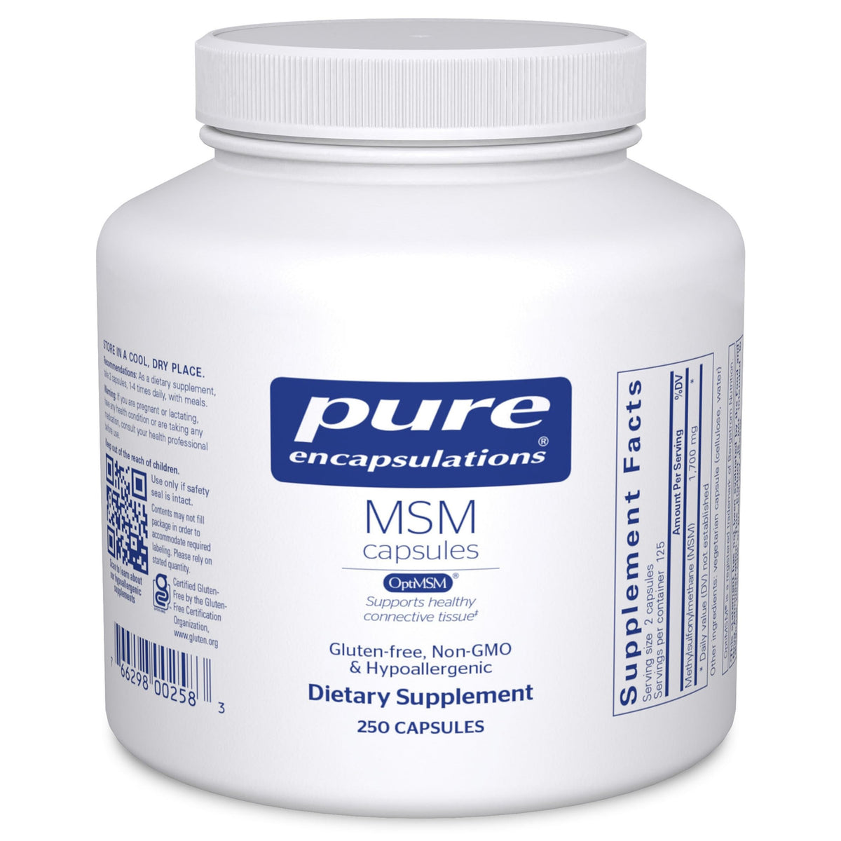 Pure Encapsulations frasco frontal que muestra 250 cápsulas y diseño claro