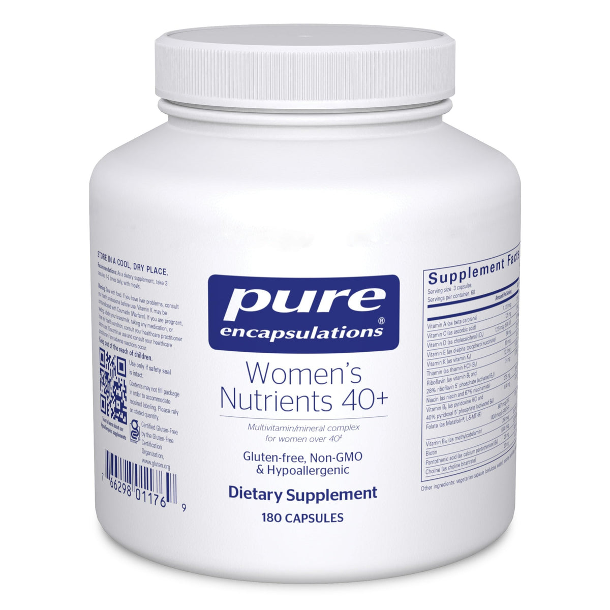 Pure Encapsulations frente del envase mostrando 180 cápsulas y beneficios