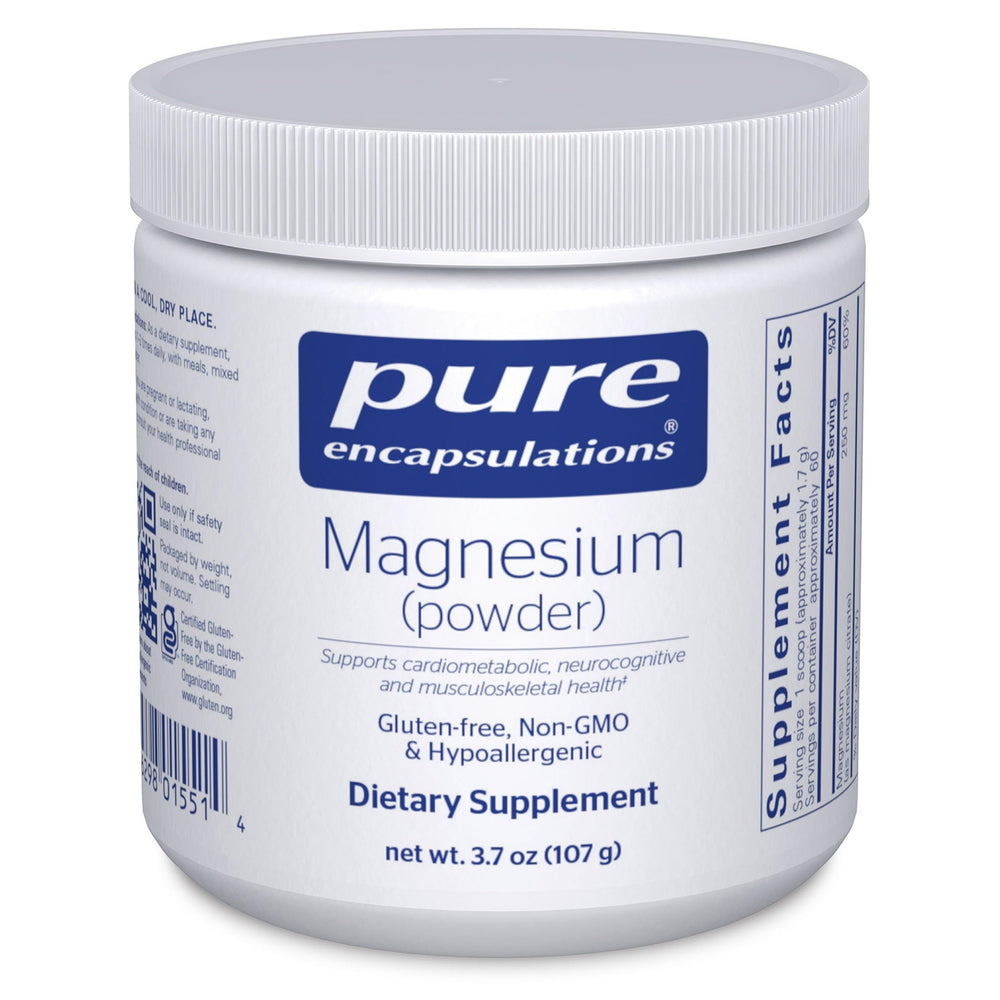 Pure Encapsulations envase frontal que muestra magnesio en polvo y pureza.
