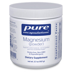 Pure Encapsulations envase frontal que muestra magnesio en polvo y pureza.