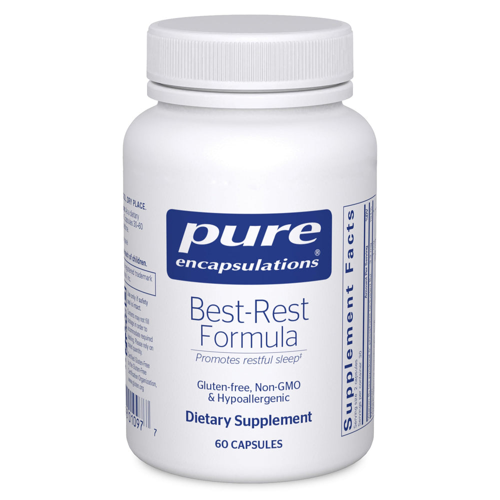 Envase Pure Encapsulations Best‑Rest Formula mostrando etiqueta frontal y beneficios