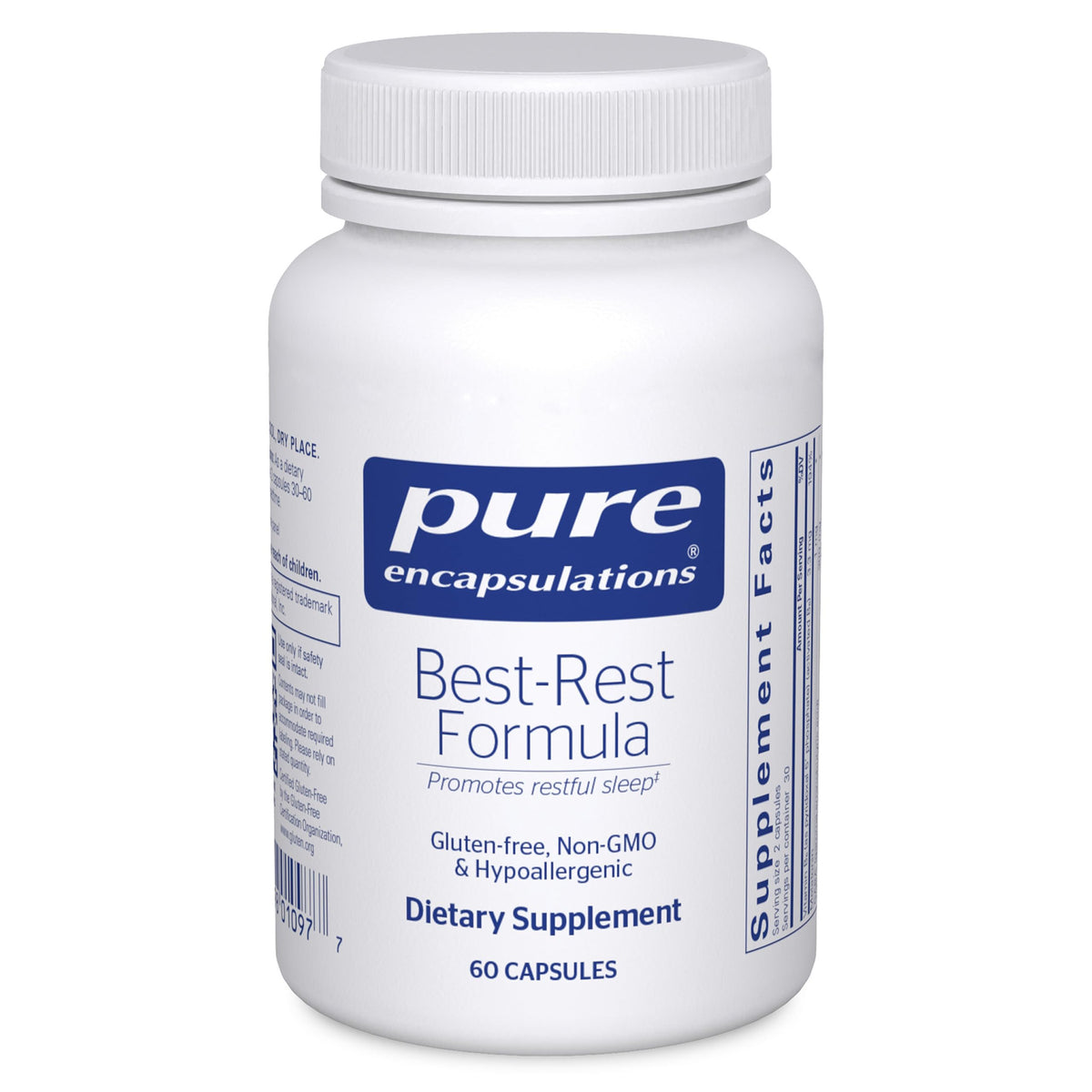 Envase Pure Encapsulations Best‑Rest Formula mostrando etiqueta frontal y beneficios