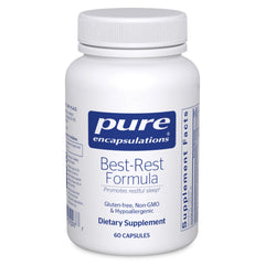 Envase Pure Encapsulations Best‑Rest Formula mostrando etiqueta frontal y beneficios