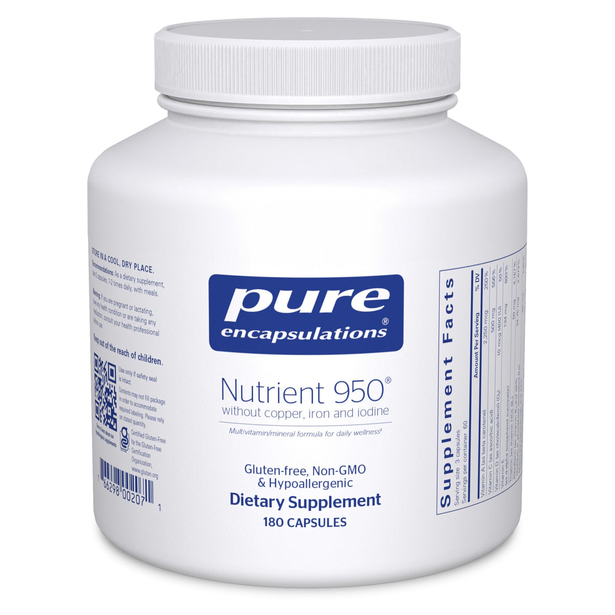 Pure Encapsulations envase frontal, identifica fórmula sin cobre ni hierro yodo y pureza