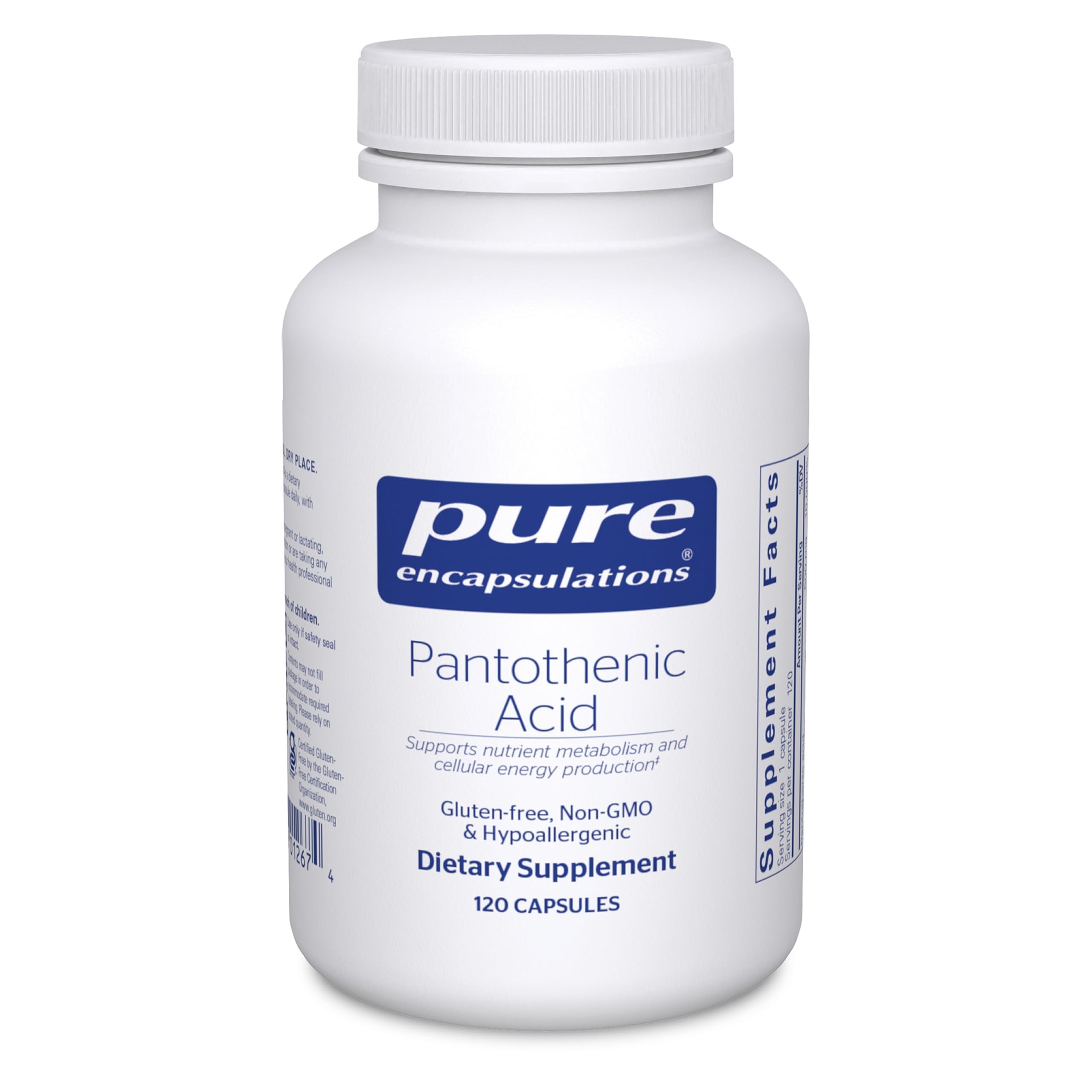 Pure Encapsulations frasco frontal mostrando diseño y cantidad 120 cápsulas, confianza de calidad
