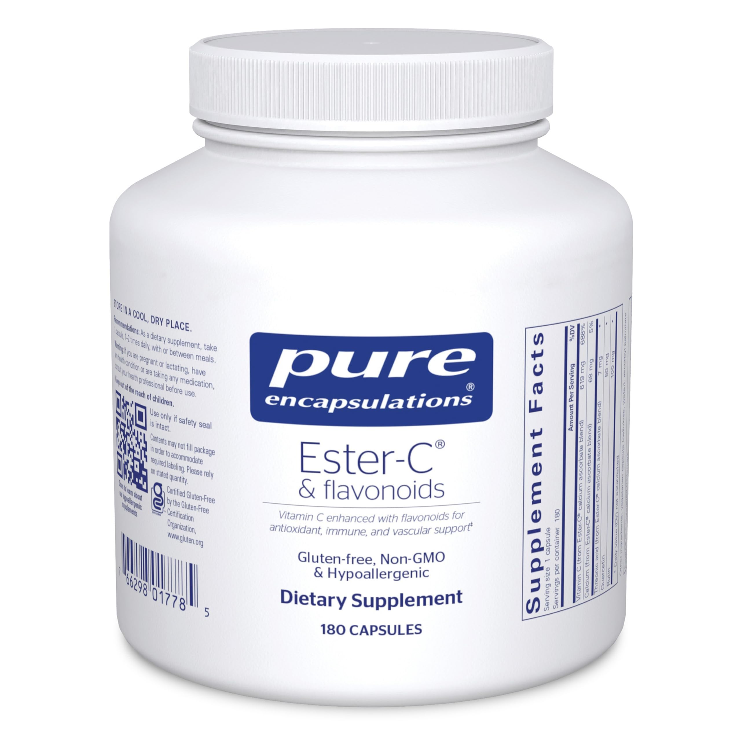 Pure Encapsulations envase frontal mostrando 180 cápsulas y beneficios clave
