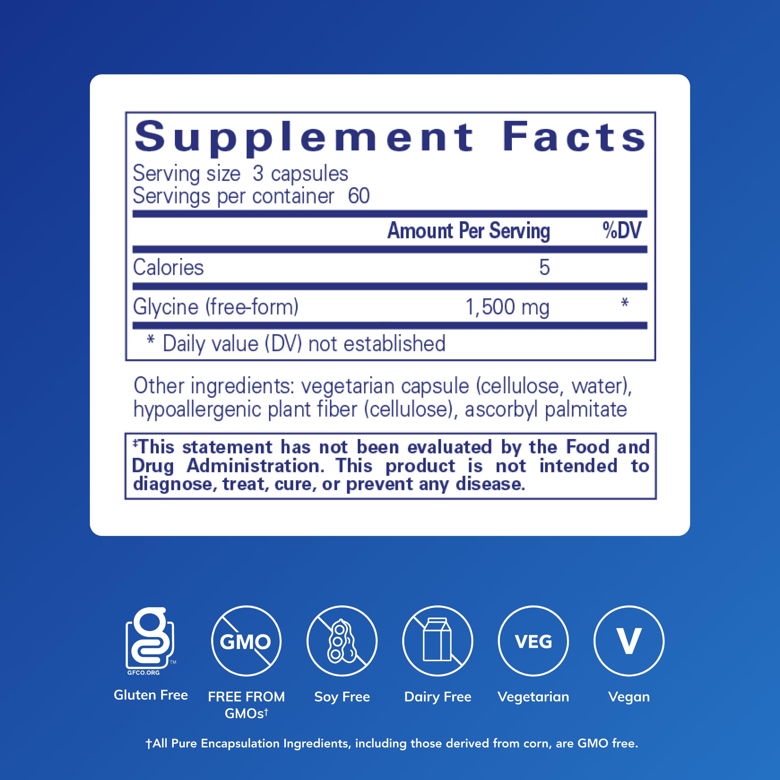 Primer plano de cápsula Pure Encapsulations Glycine, textura y fácil ingestión