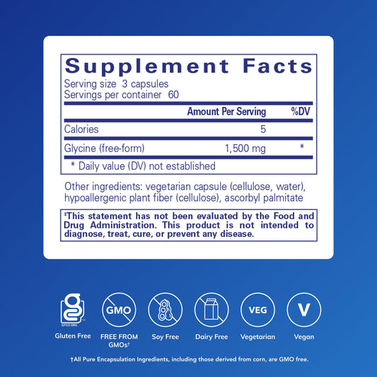 Primer plano de cápsula Pure Encapsulations Glycine, textura y fácil ingestión