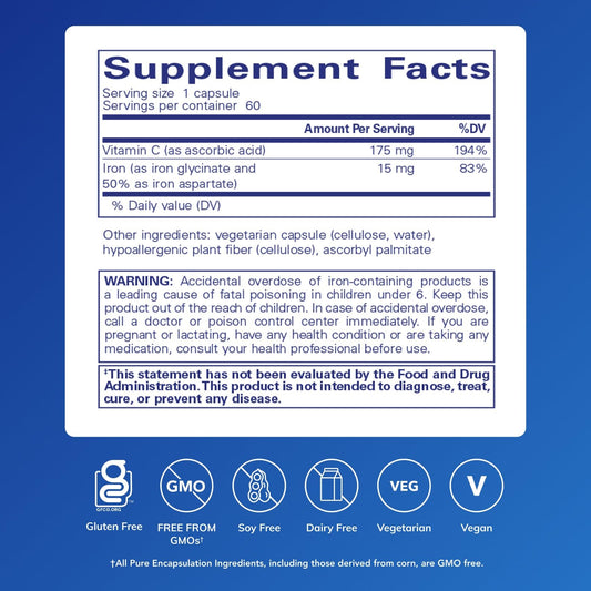 Pure Encapsulations cerca de cápsulas Iron‑C mostrando textura y absorción mejorada