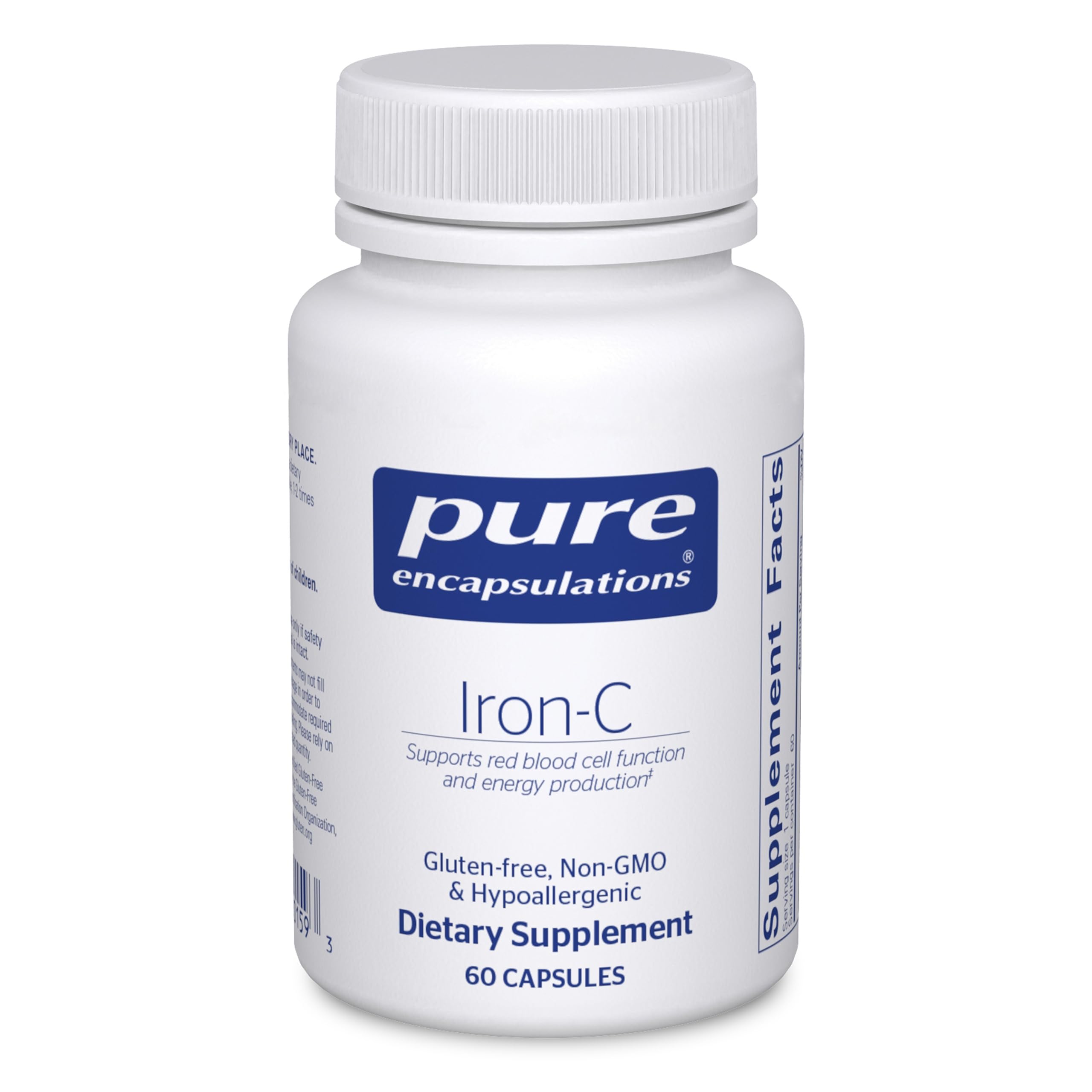 Pure Encapsulations frasco Iron‑C mostrando el frente y beneficios de pureza