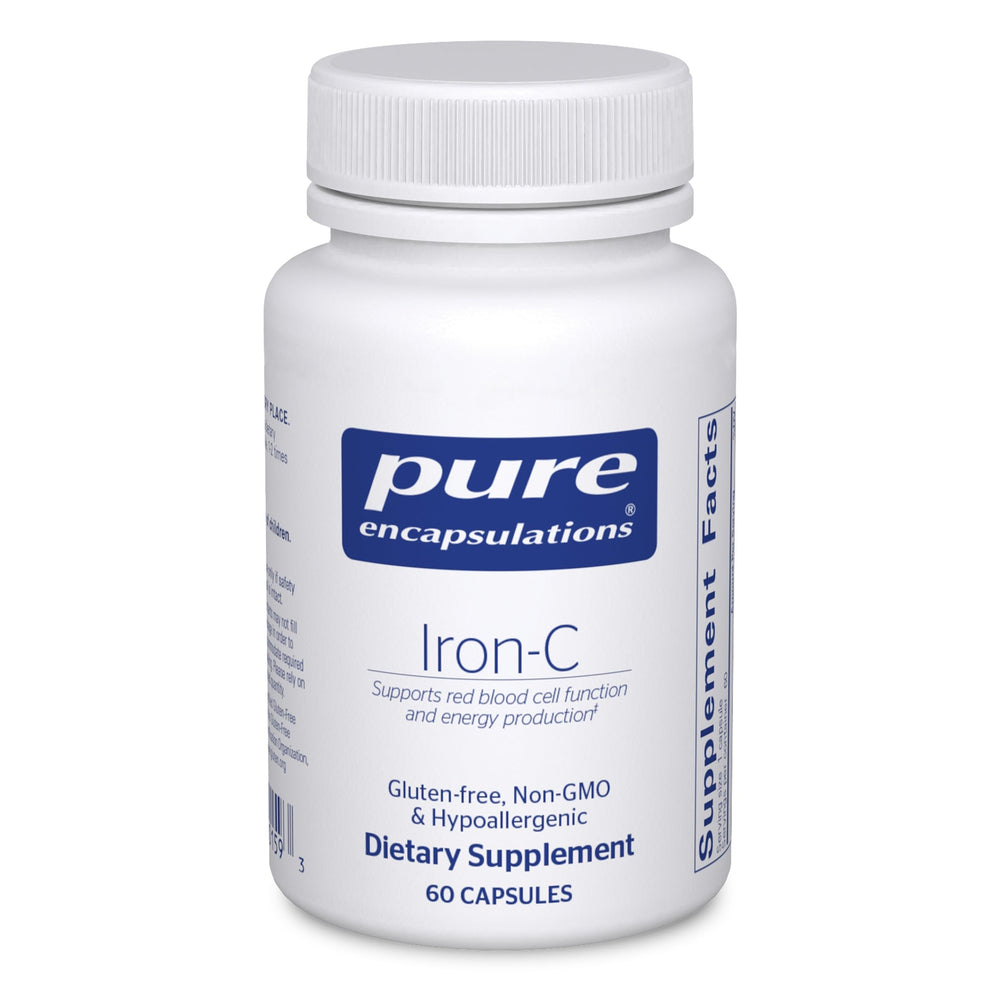 Pure Encapsulations frasco Iron‑C mostrando el frente y beneficios de pureza