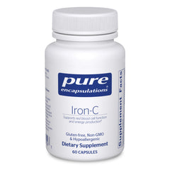 Pure Encapsulations frasco Iron‑C mostrando el frente y beneficios de pureza