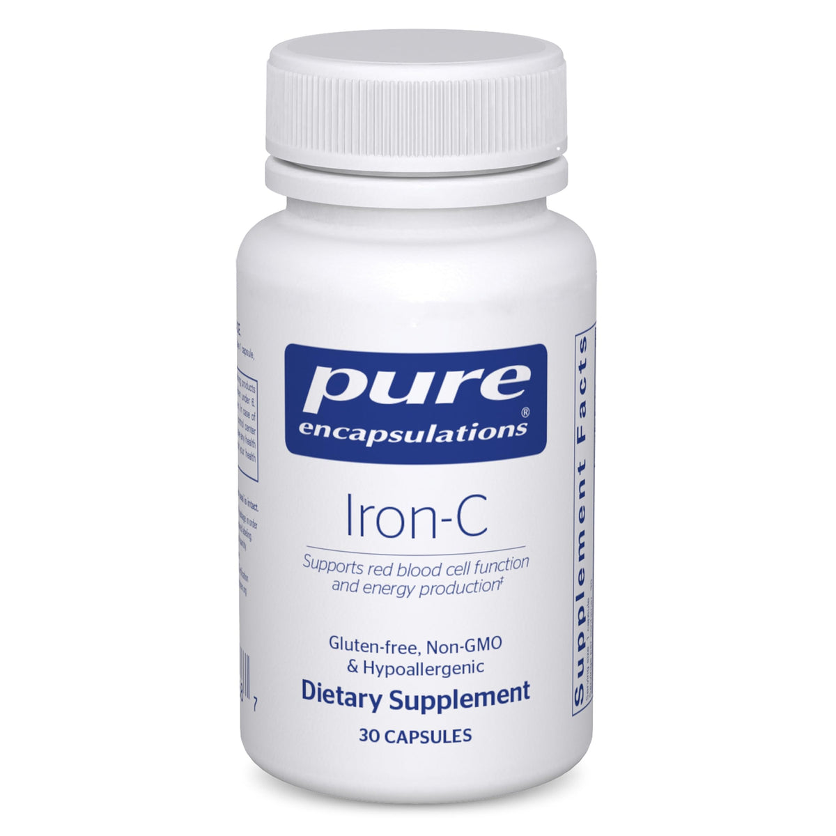 Pure Encapsulations envase frontal mostrando hierro y vitamina C, transmite pureza