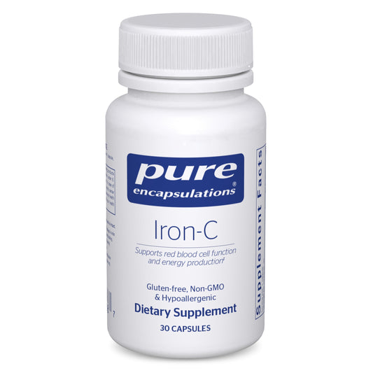 Pure Encapsulations envase frontal mostrando hierro y vitamina C, transmite pureza