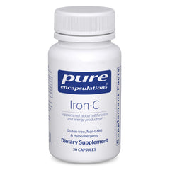 Pure Encapsulations envase frontal mostrando hierro y vitamina C, transmite pureza