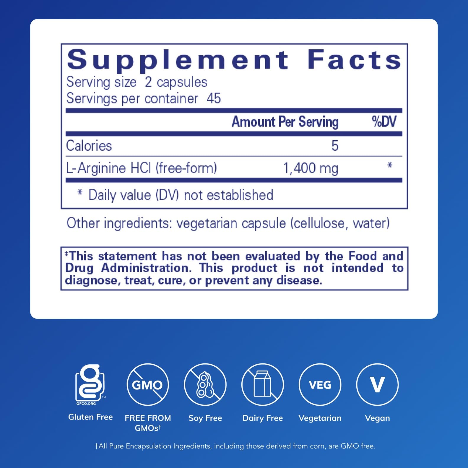 Etiqueta de Pure Encapsulations L-Arginine con información clara de dosificación