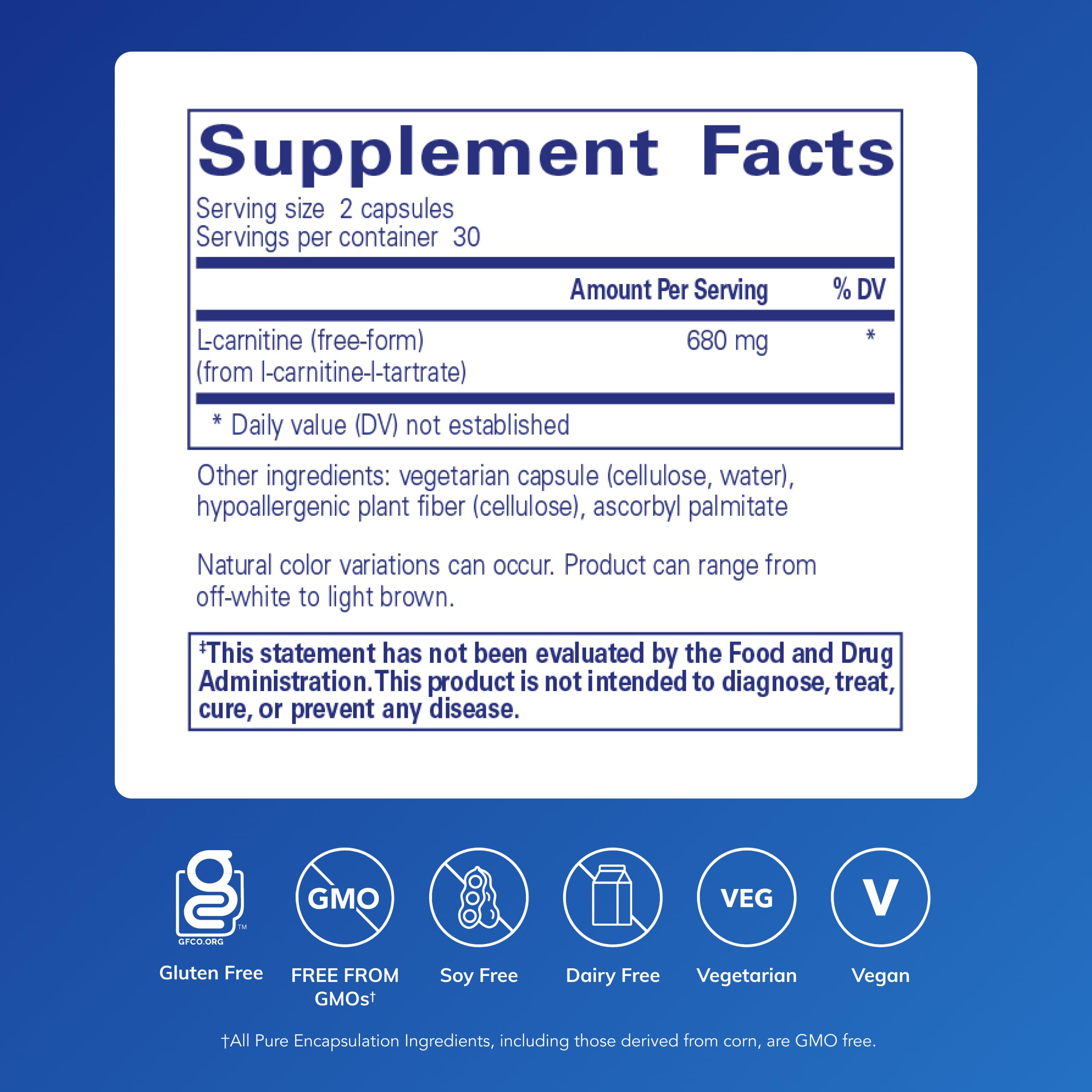 Pure Encapsulations etiqueta en detalle con información de L-Carnitine L-tartrato