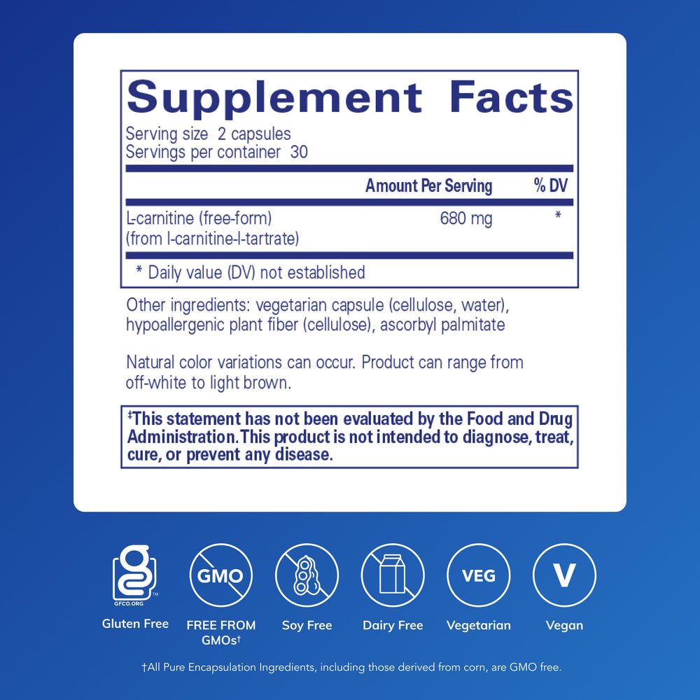 Pure Encapsulations etiqueta en detalle con información de L-Carnitine L-tartrato
