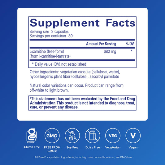 Pure Encapsulations etiqueta en detalle con información de L-Carnitine L-tartrato