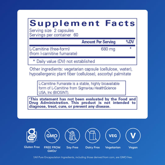 L-Carnitine Fumarate capsules for daily energy support by Pure Encapsulations.