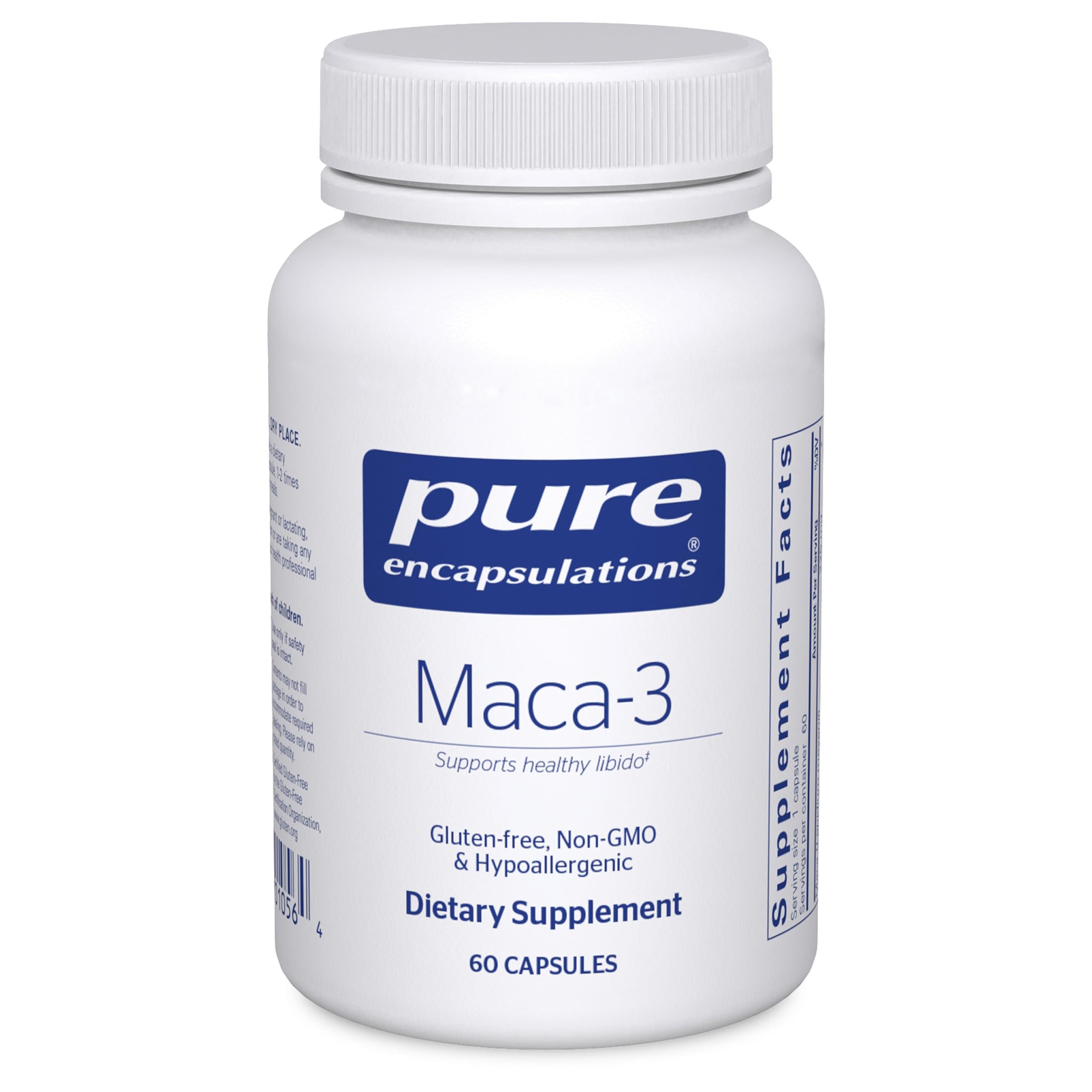 Pure Encapsulations Maca-3 frasco frontal mostrando diseño y cantidad