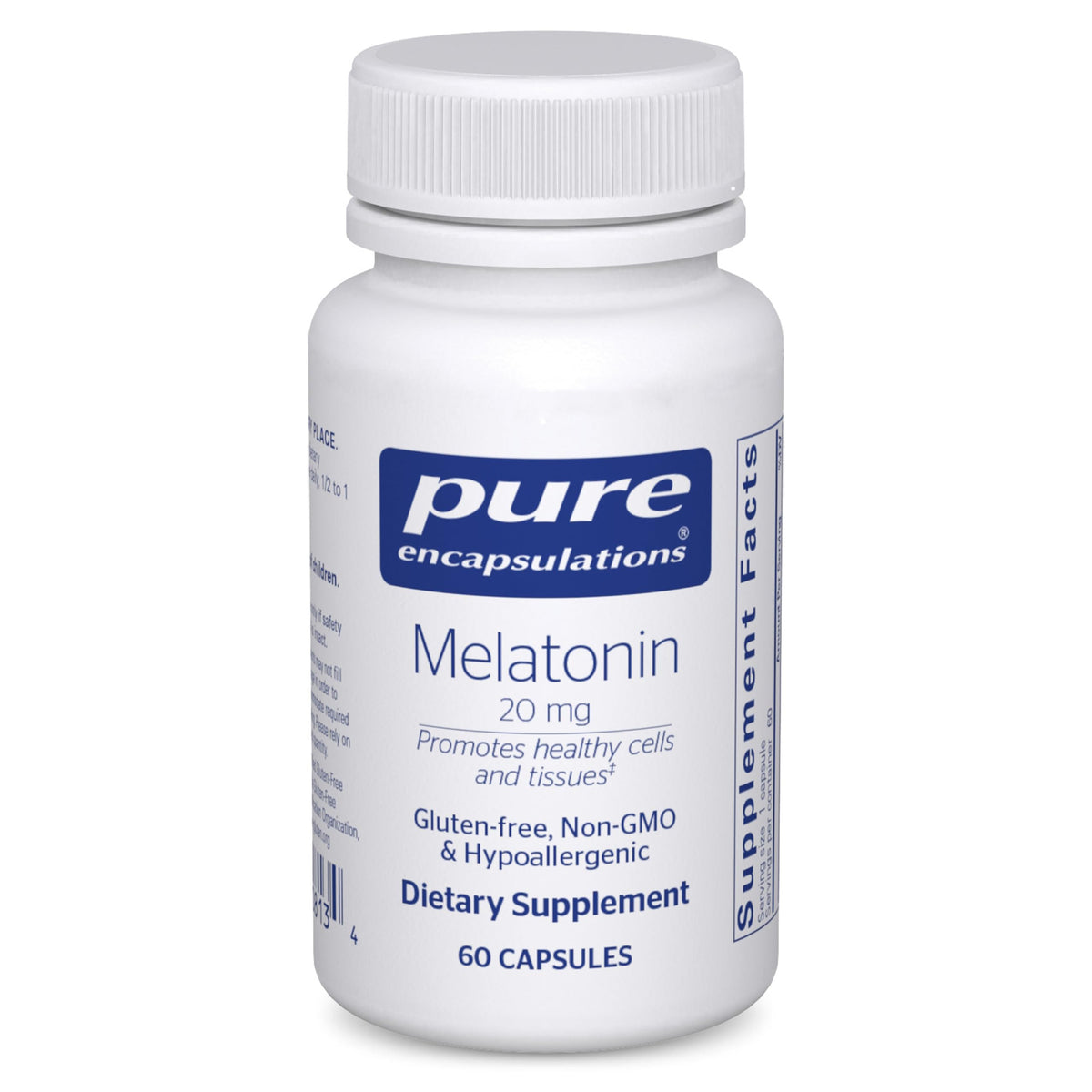 Pure Encapsulations frasco de melatonina 20 mg vista frontal, presentación clara