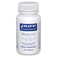 Pure Encapsulations frasco de melatonina 20 mg vista frontal, presentación clara