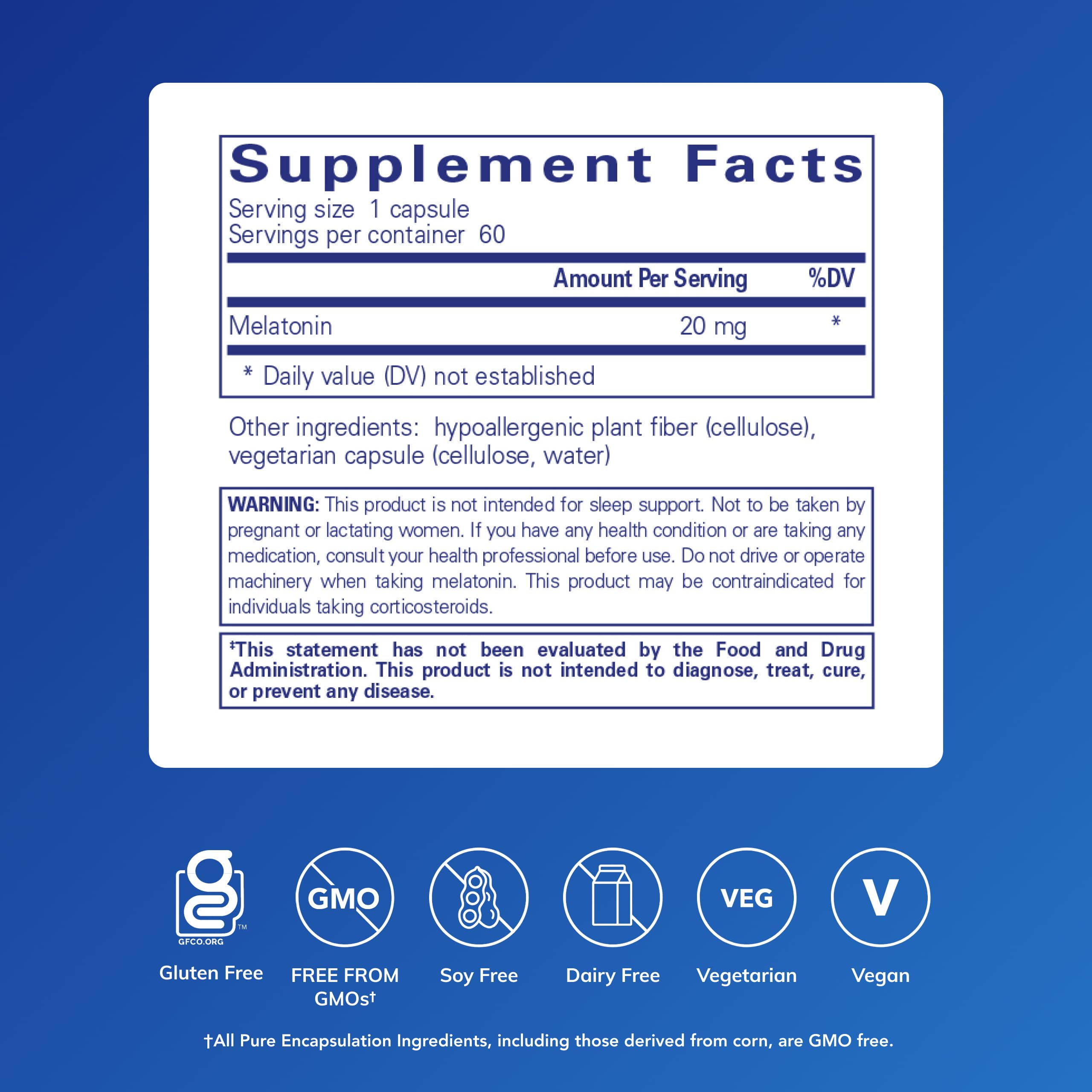 Pure Encapsulations etiqueta lateral con información de pureza y sin alérgenos