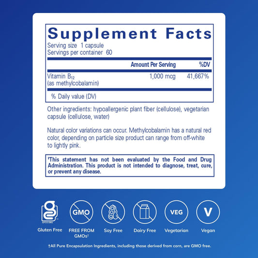 Pure Encapsulations Metilcobalamina 1000mcg, cápsulas cercanas, energía diaria y claridad mental.