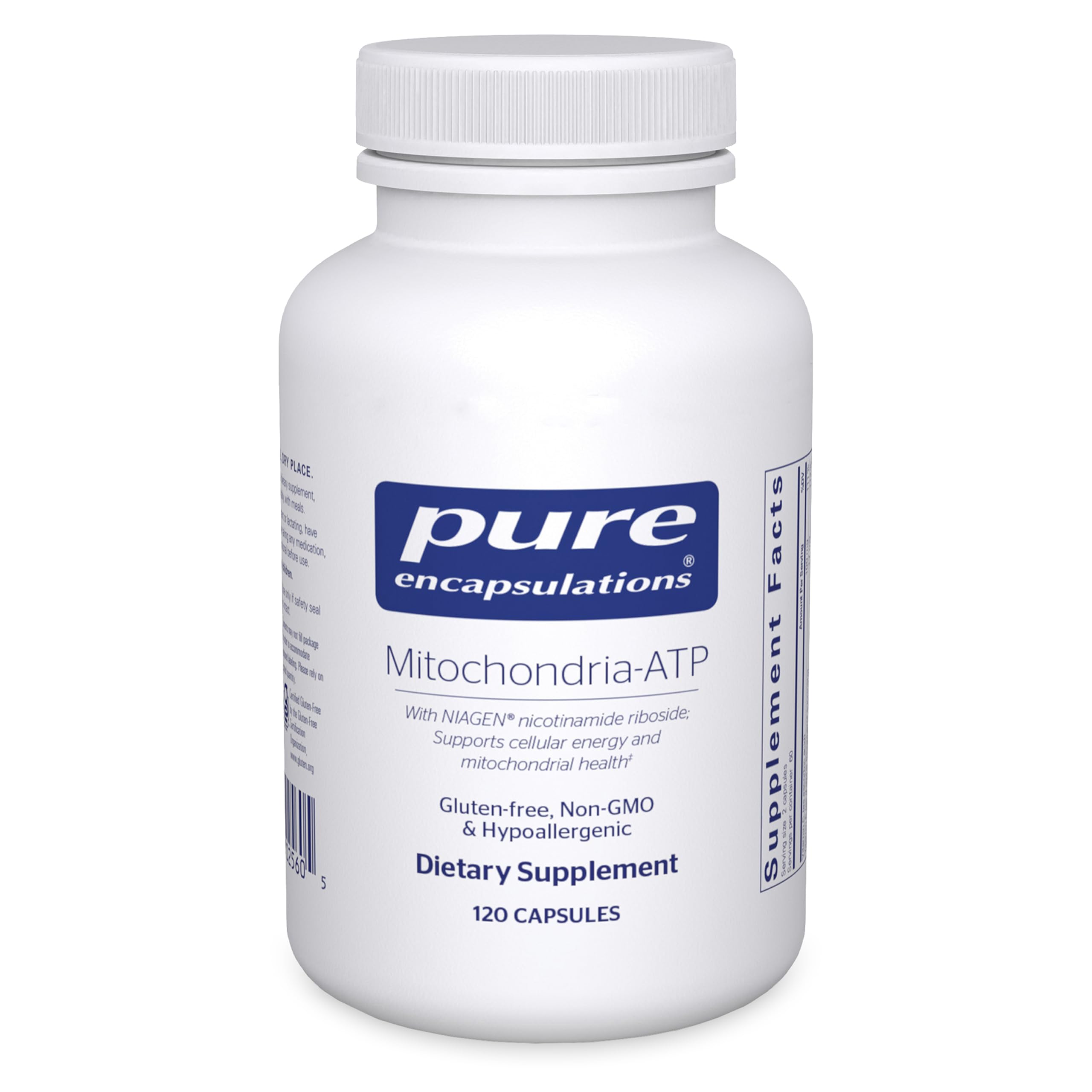 Frente del envase Pure Encapsulations Mitochondria-ATP mostrando la etiqueta clara y beneficios