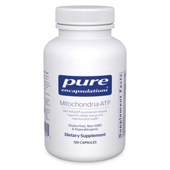 Frente del envase Pure Encapsulations Mitochondria-ATP mostrando la etiqueta clara y beneficios