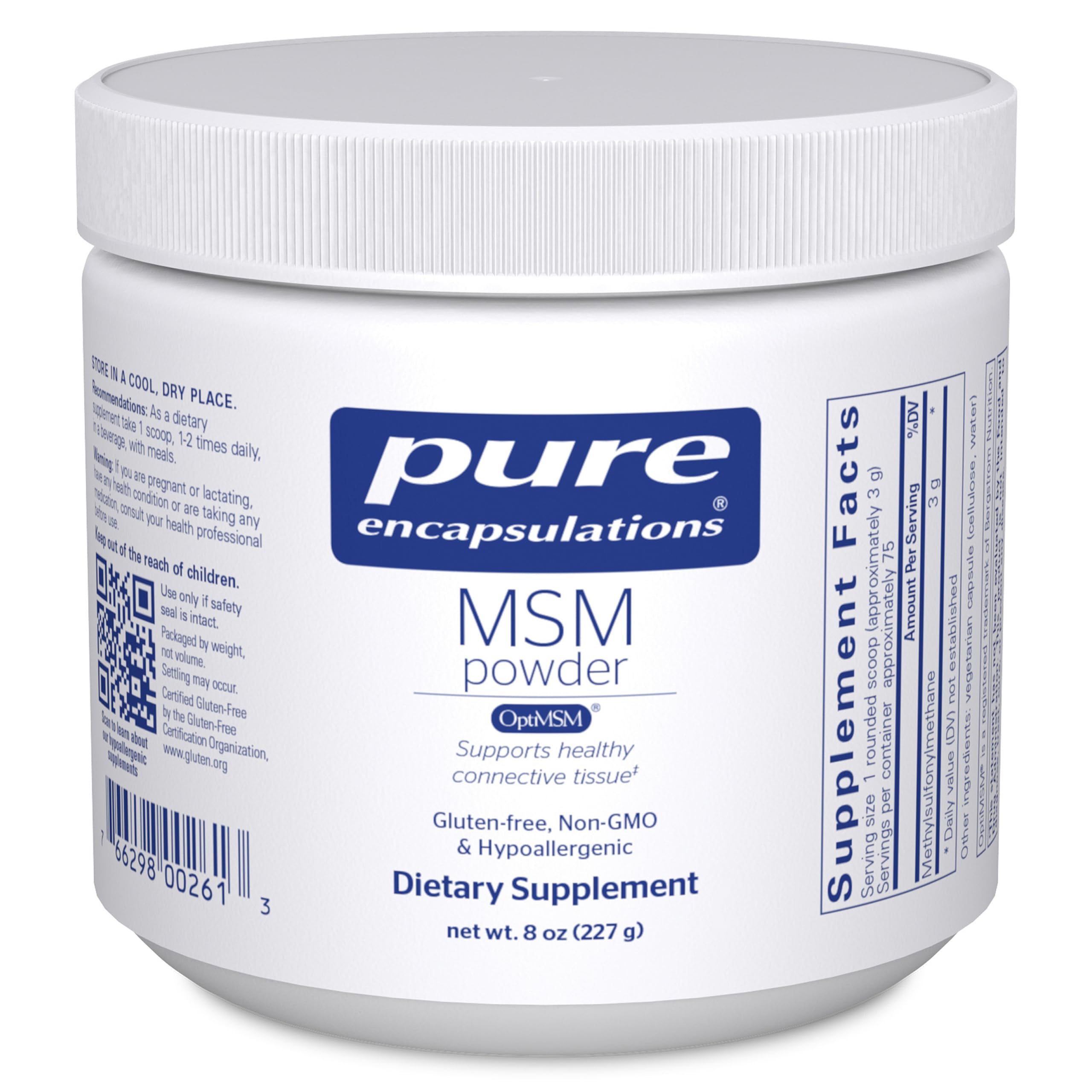 Pure Encapsulations frasco de MSM Powder mostrando presentación hipoalergénica y pureza