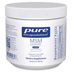 Pure Encapsulations frasco de MSM Powder mostrando presentación hipoalergénica y pureza