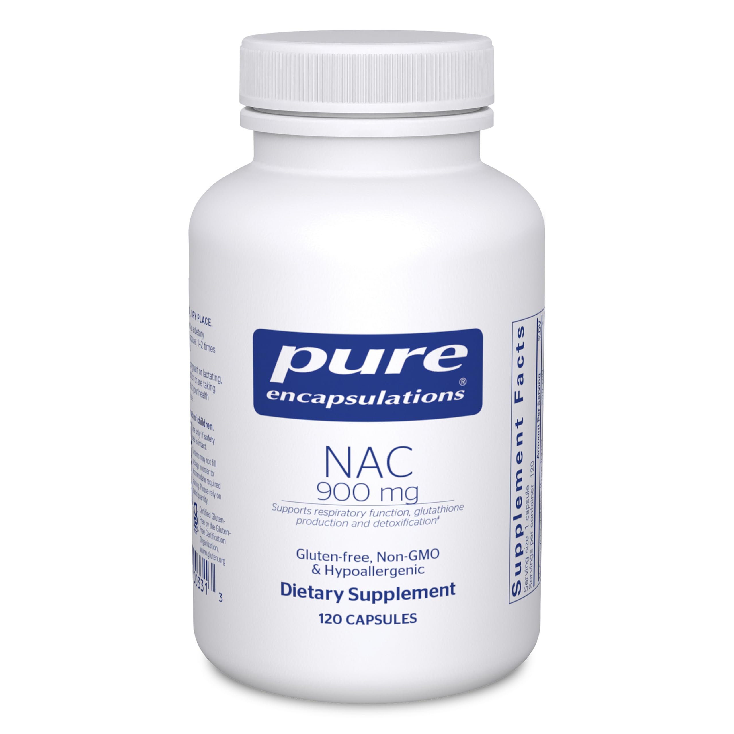 Pure Encapsulations frasco frontal mostrando 120 cápsulas y beneficio de pureza