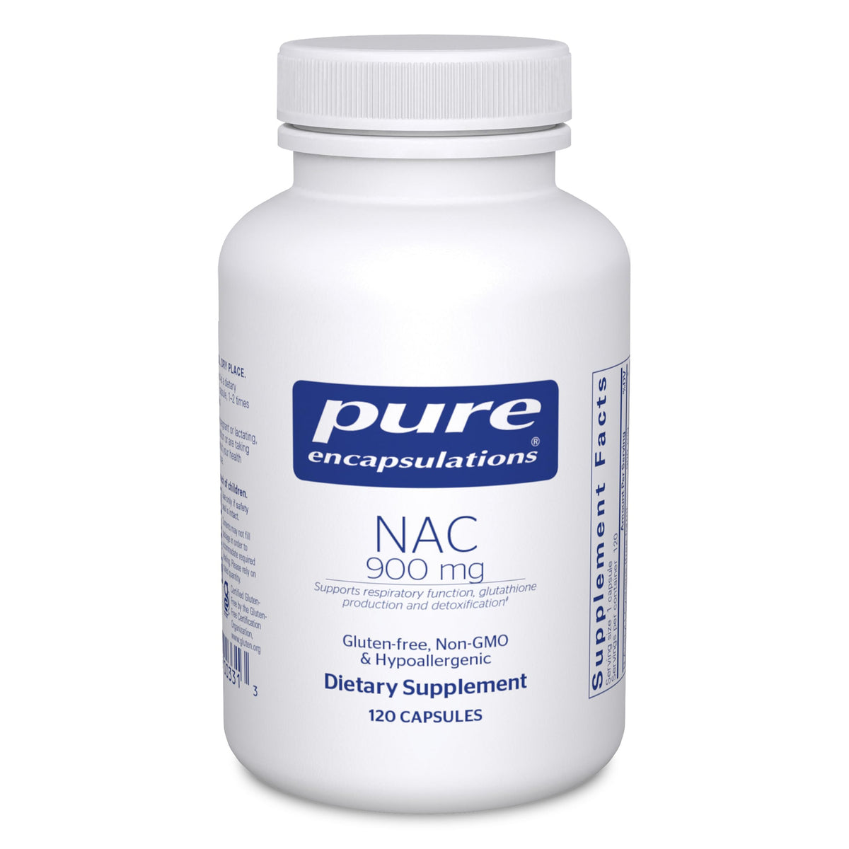 Pure Encapsulations frasco frontal mostrando 120 cápsulas y beneficio de pureza