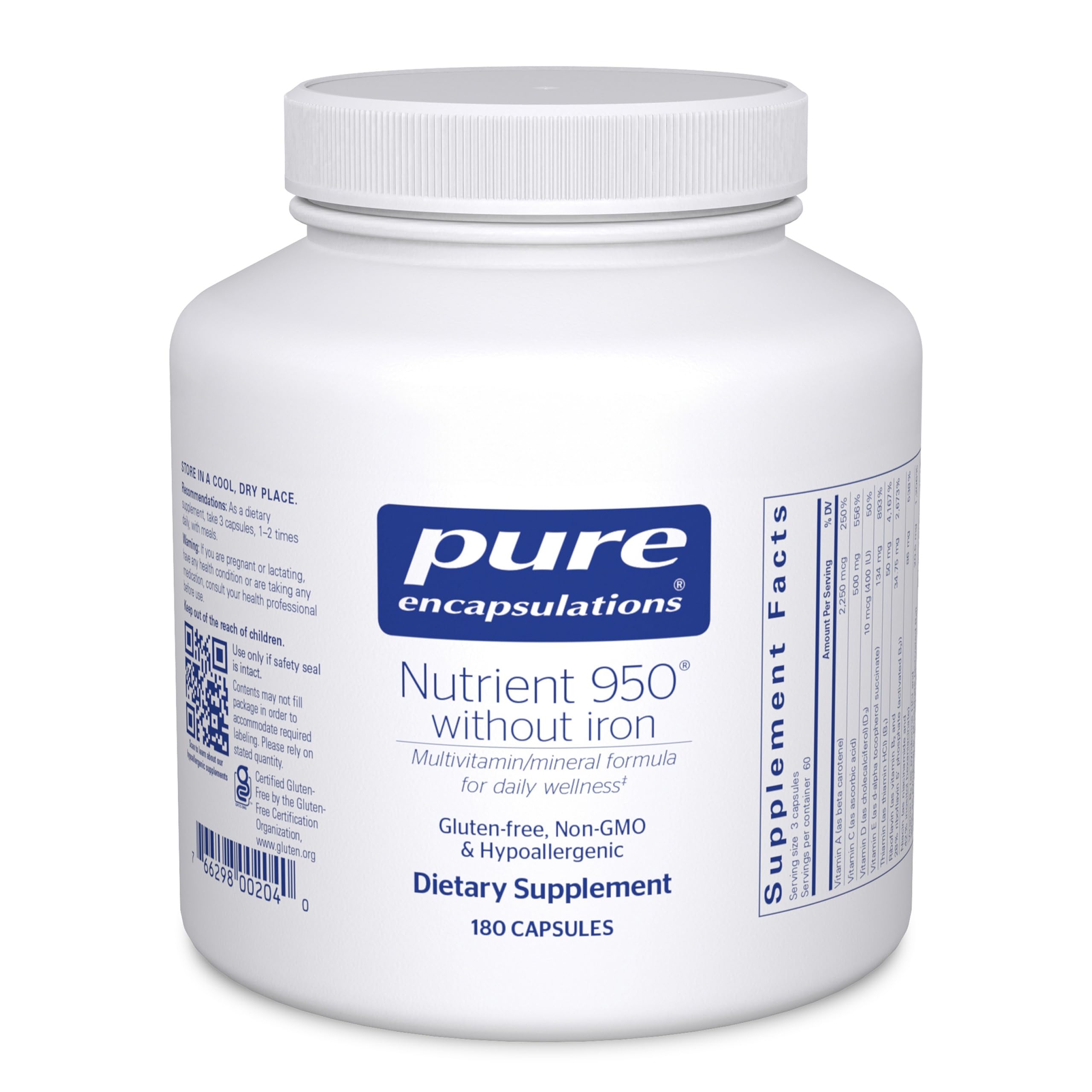 Pure Encapsulations frente del envase mostrando 180 cápsulas y beneficios