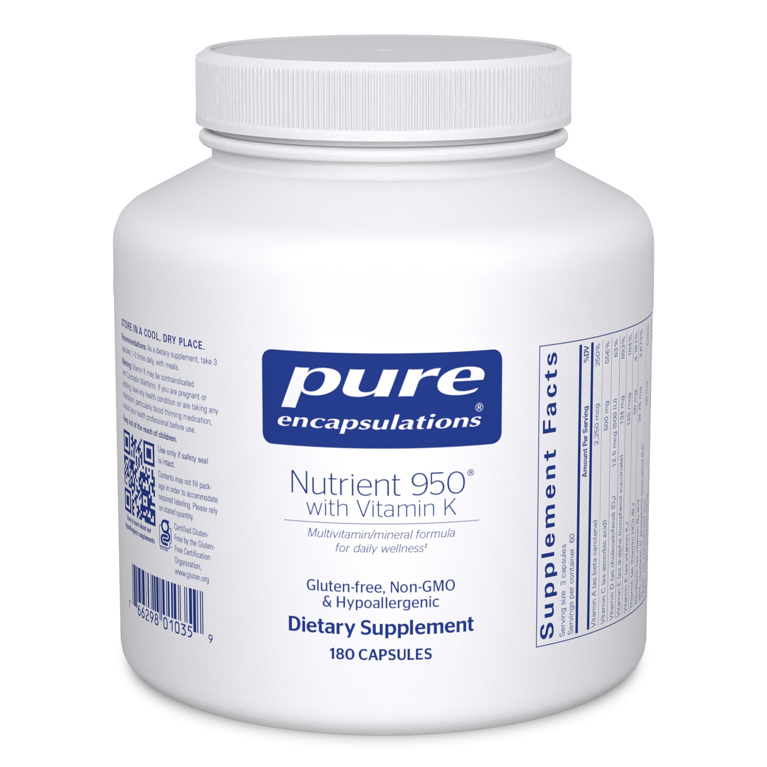 Pure Encapsulations frasco frontal en superficie limpia mostrando marca y tamaño, transmite confianza